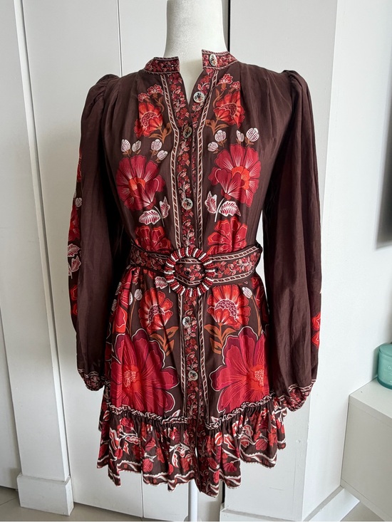FARM Rio Dresses & Skirts - FARM Rio Brown Dress with Red Floral Embroidery